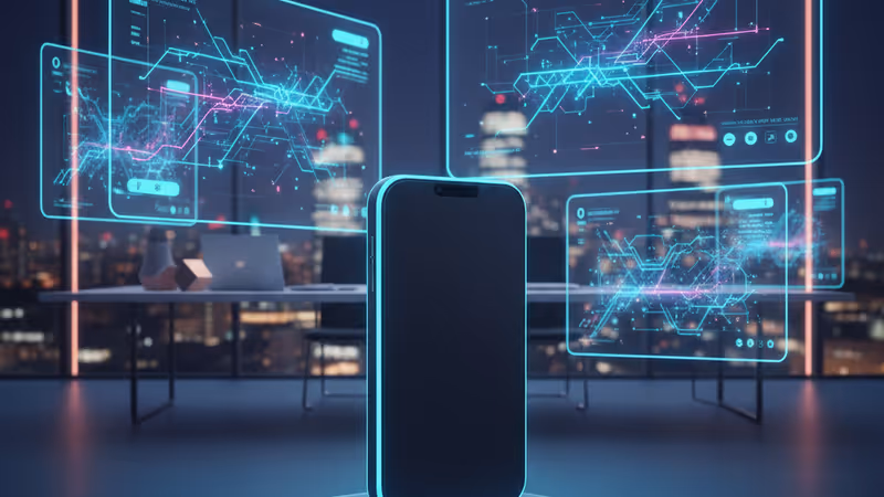 Modern office interior in London with digital verification UI and data graphs