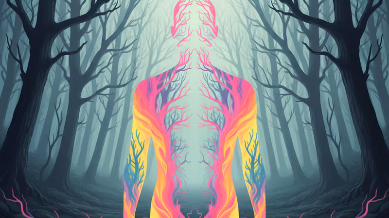 안개 낀 숲속에 설치된 거울 조각상이 반사되는 기괴한 풍경