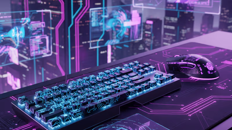 스티비 보니필드의 듀얼 모니터와 기계식 키보드가 포함된 데스크 셋업 전경