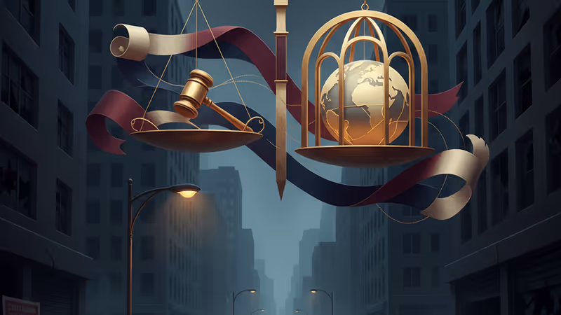 混乱する夜の街頭に立つデモ参加者の影