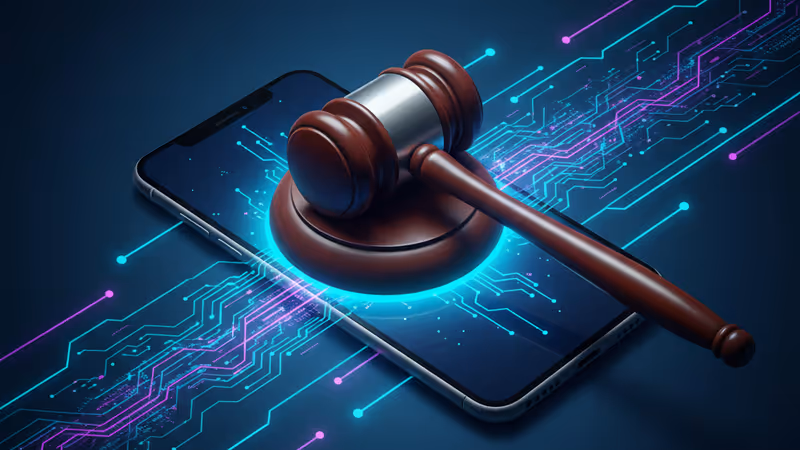 被數位鎖鏈環繞的智慧型手機與法庭木槌