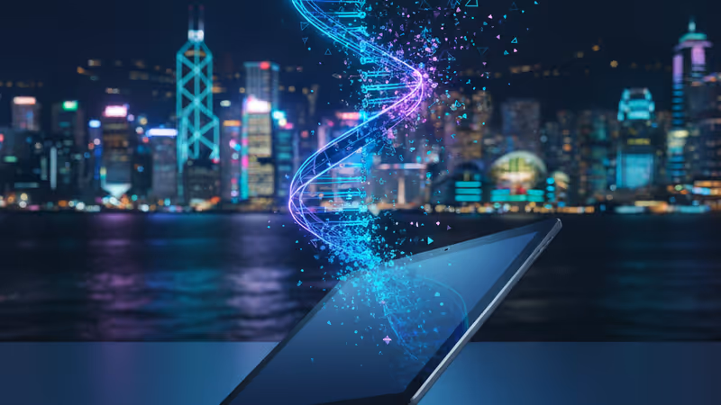 홍콩 야경을 배경으로 데이터로 변하는 DNA 구조 시각화