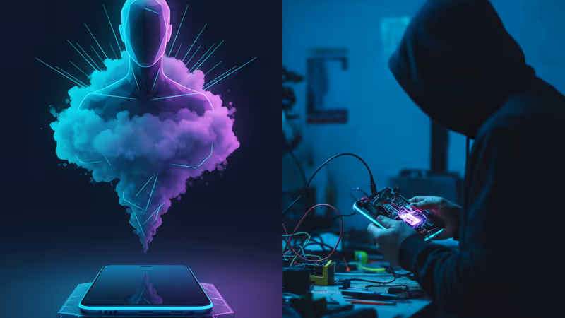 AI回路と人間の目が重なり、SNSのフィードを映し出すデジタルアートイメージ