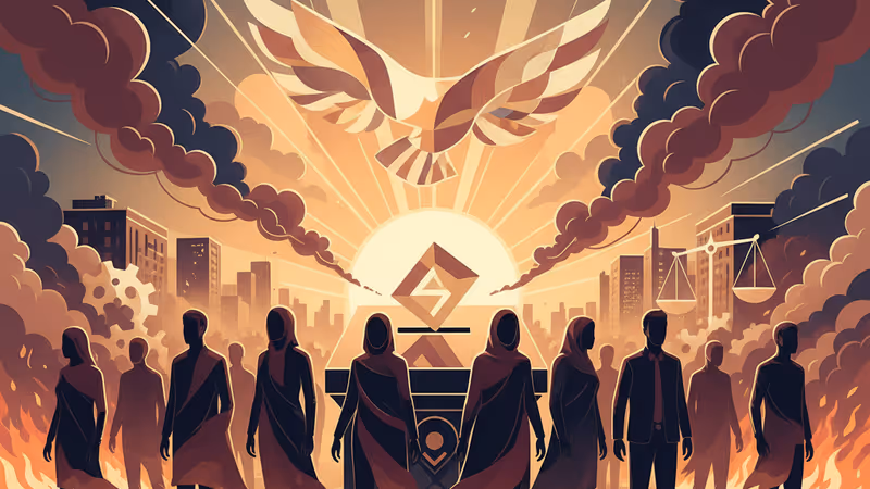 煙が上がるテヘランの夜景と、オフライン状態を示すスマートフォンのイメージ