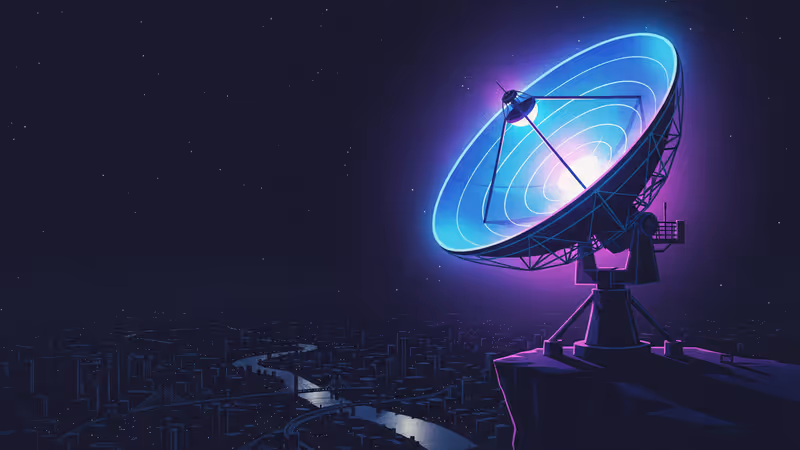 Satellite dish glowing against a dark, disconnected city skyline