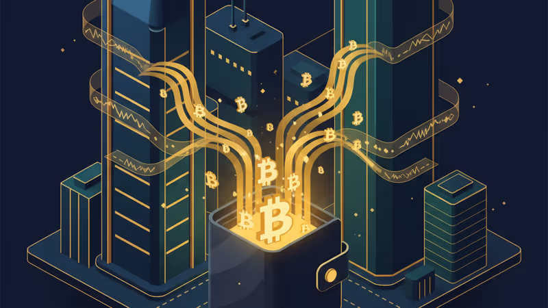Bitcoin symbols entering a hardware wallet with a city silhouette