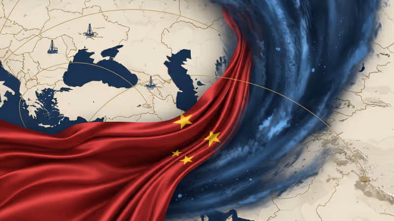 모래바람이 부는 사막의 유전 위에 붉은 비단이 펄럭이는 모습