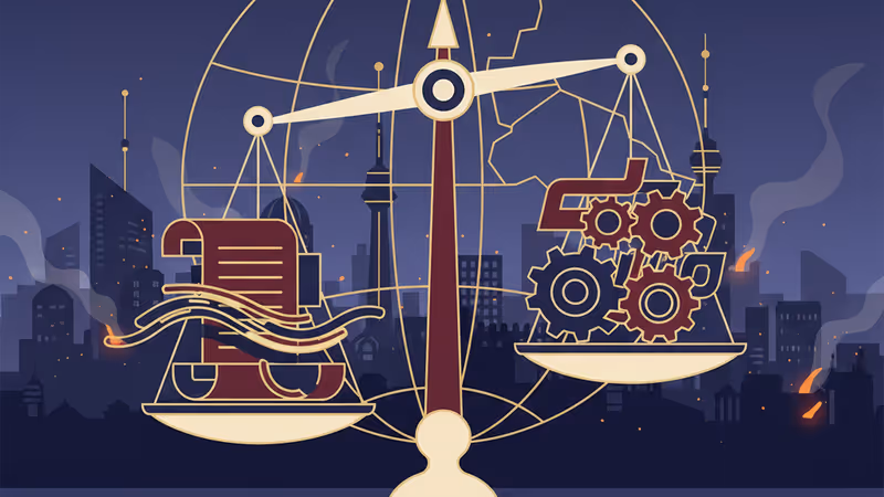 Justice scale silhouette against a dark Tehran city skyline