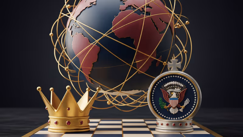 中東の地図上に配置されたチェスの駒と、対立するアメリカとイランを象徴するイメージ