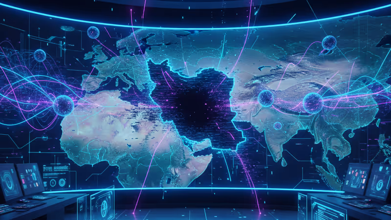 Digital map of Iran turning into static on a high-tech screen