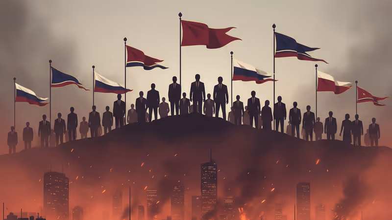 夕暮れ時の煙に包まれたテヘランの街並みと抗議デモの緊迫した雰囲気