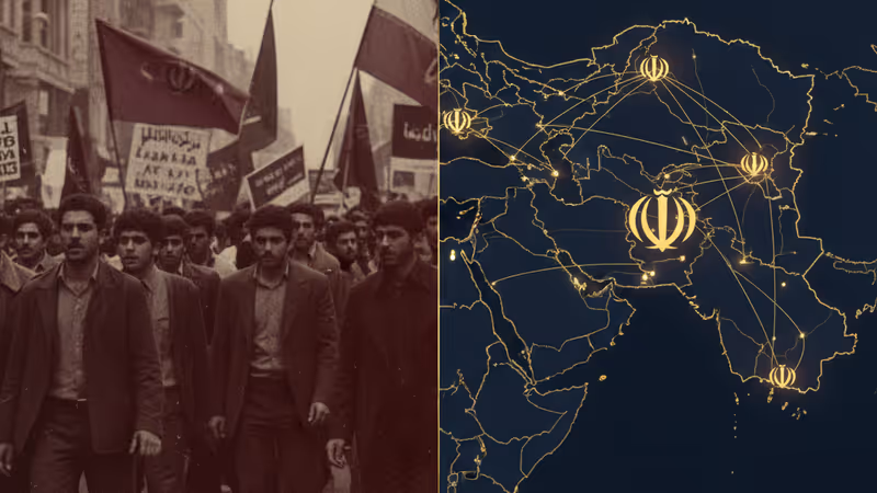 1979年のイラン革命と現代の治安維持の対比イメージ