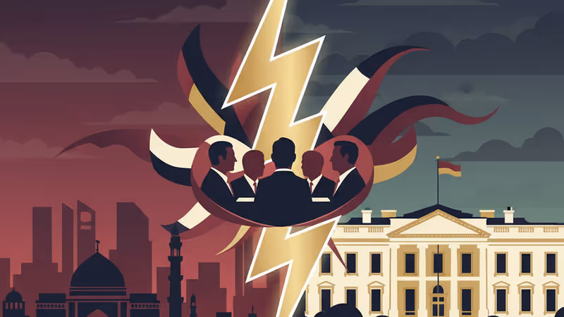 象徵美國與伊朗外交對峙與軍事緊張的合成構圖