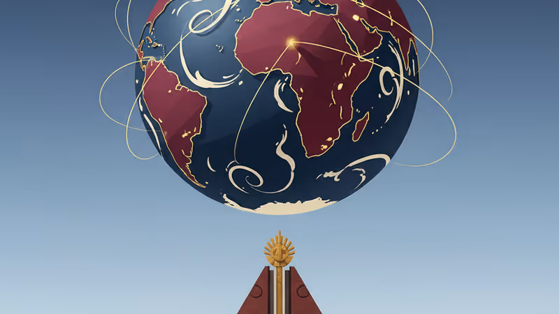 Wide shot of a massive stone monument in Pyongyang