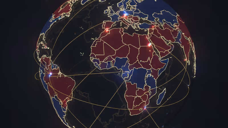 ひび割れた世界地図と暗い背景。地政学的な分断を象徴するイメージ。