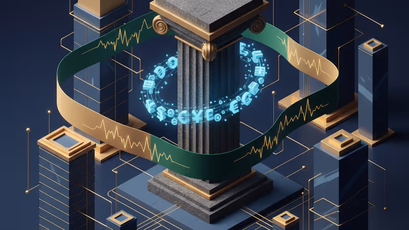 전통 은행과 디지털 자산의 대립을 표현한 그래픽