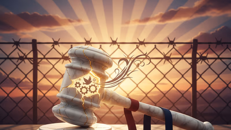 부서진 법봉과 가시철사 그림자가 드리운 어두운 배경