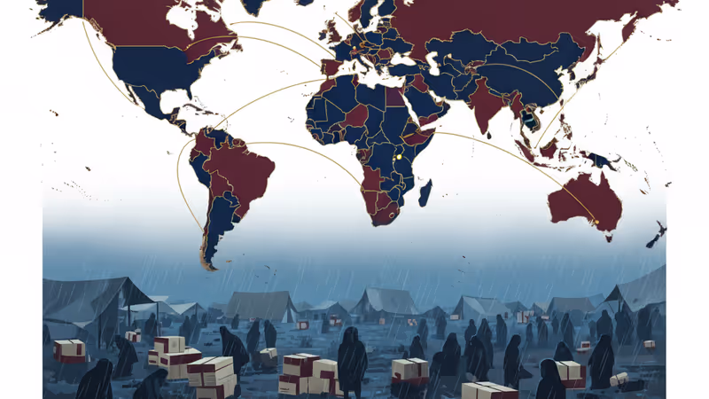 堆疊的公文與聽診器，背景為冬日受損的城市建築。