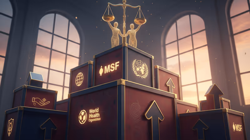 存放於阿里什倉庫、印有國際NGO標誌的救援物資