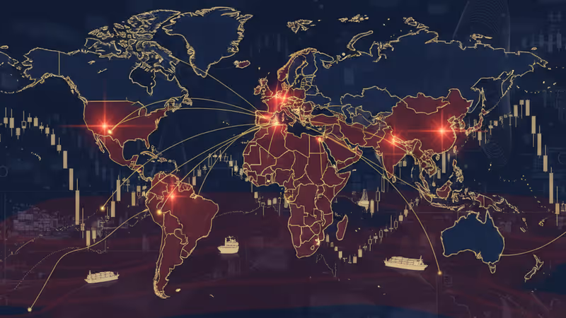 World map highlighting conflict zones and falling economic graphs