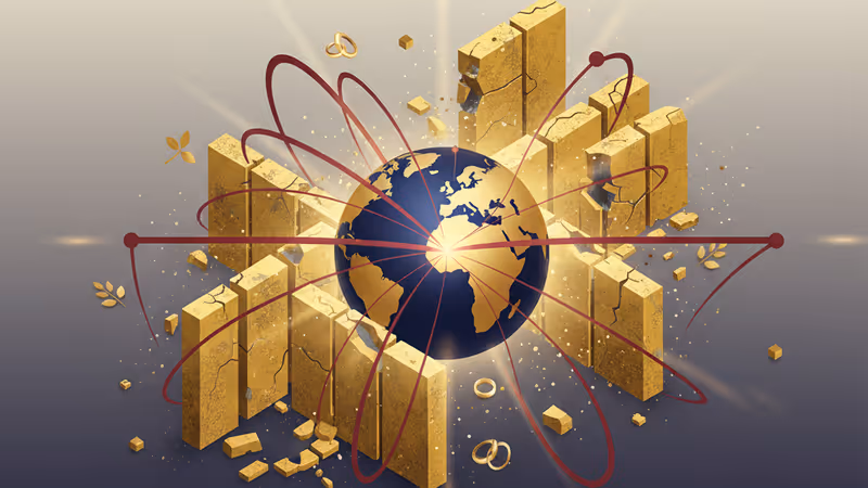 Yellow concrete markers placed among destroyed buildings in Gaza Strip