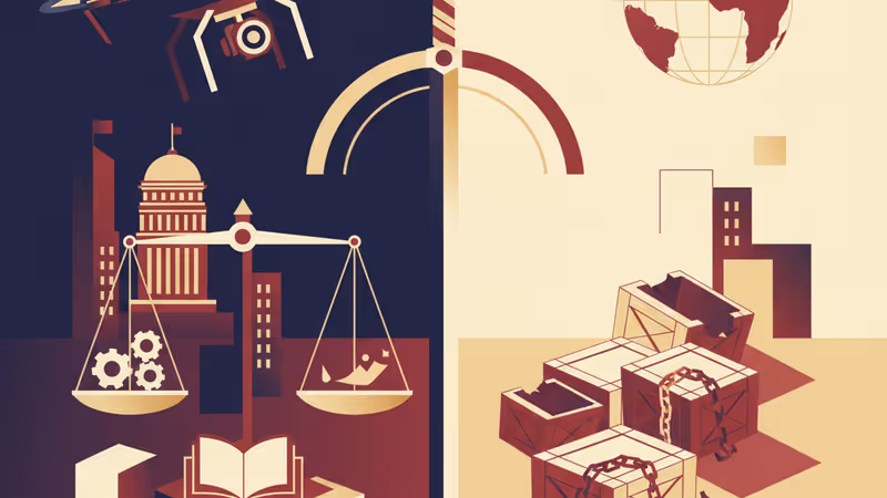 A drone over a damaged city and empty aid crates