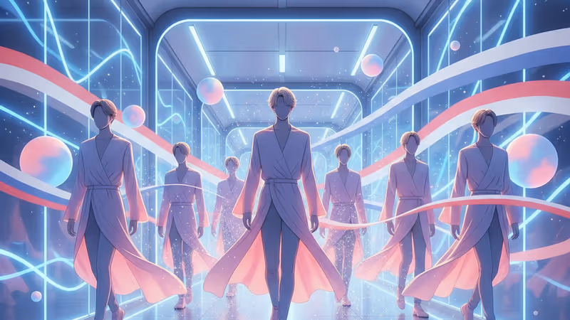 Silhouettes of the seven members of TUNEXX under bright lights