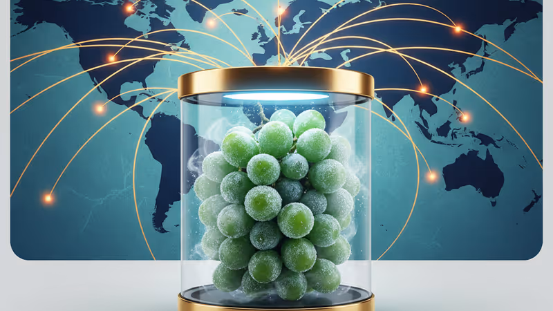 霜が降りたシャインマスカットのクローズアップと輸出用パッケージ