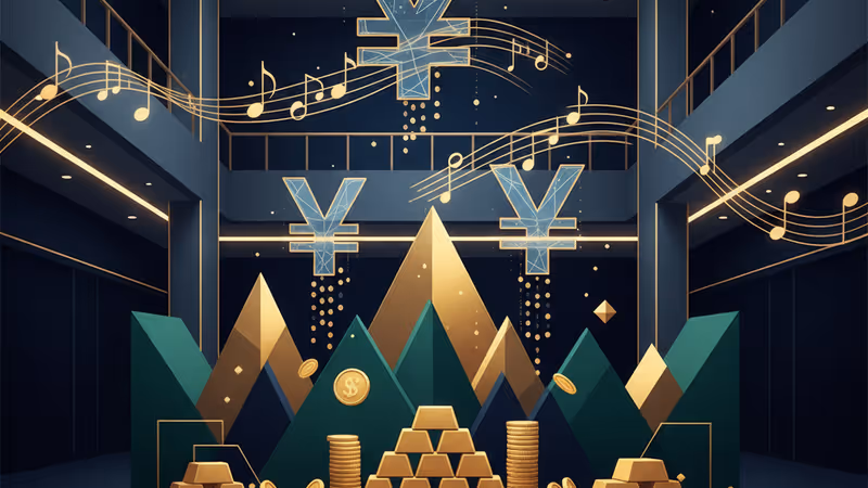 現代的なショッピングモールの背景に浮かぶ音楽の音符のイメージ