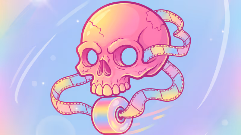 거친 콘크리트 바닥에 놓인 스케이트보드와 영화 필름 릴