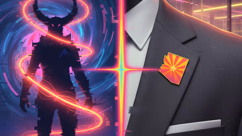 政治的な演説台の横に置かれた、Qアノンのシャーマンを象徴する角付きの毛皮の帽子。