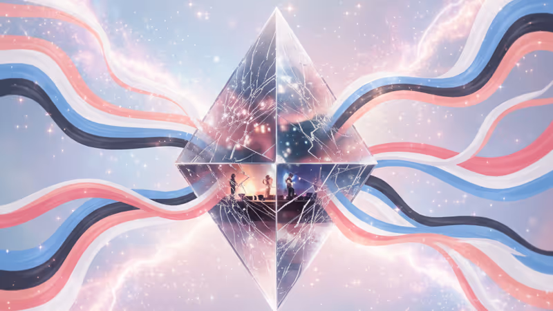 A distorted reflection of a stage through cracked glass