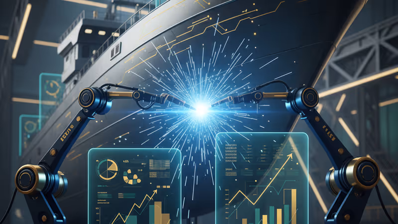 最新鋭のロボットアームが巨大な船体を溶接する様子