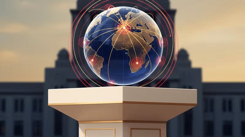 日本の国会議事堂と新しい政治の風を象徴する抽象的な光の演出