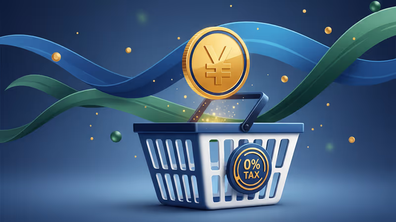 日本の選挙投票箱の上に置かれた、税率0%のタグが付いた買い物かご