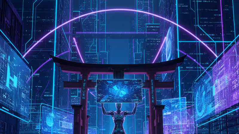 Digital imagery of an AI robot in front of a Japanese gate