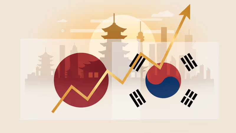 Concept image of Japan-South Korea diplomacy in Nara with fiscal data overlay.