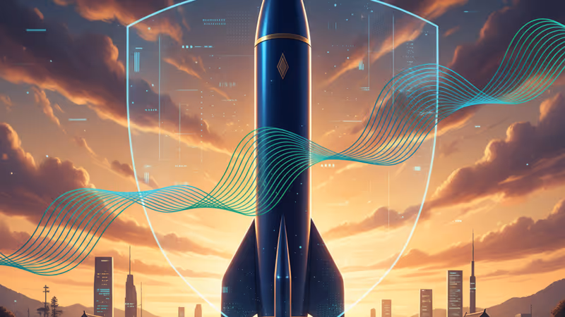 A modern rocket on a launchpad with a digital shield overlay symbolizing protection