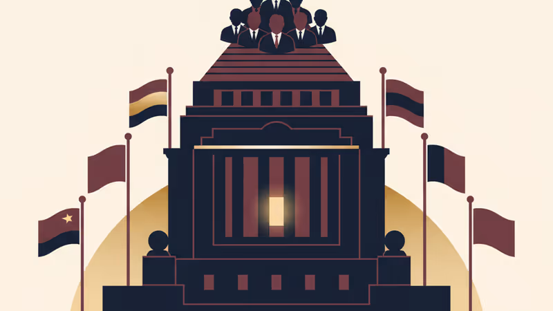 日本の地図と政治的戦略を象徴するチェスの駒のイメージ