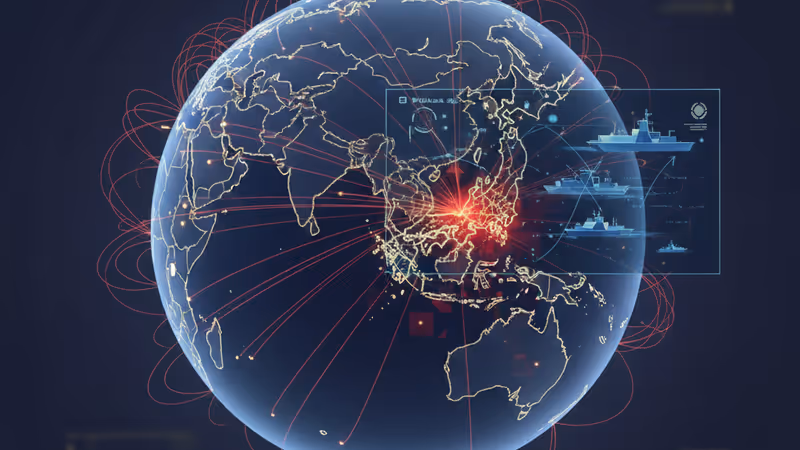 顯示軍事行動箭頭與島嶼周邊海警船剪影的東中國海示意圖