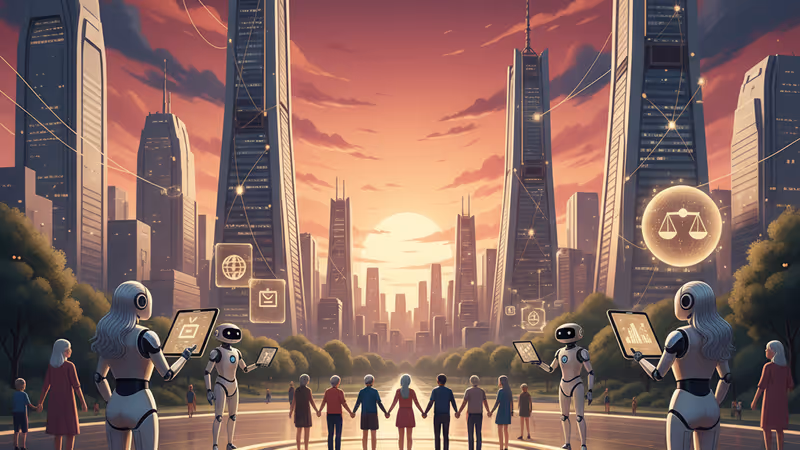 未来の東京の街並みと、介護・製造現場で活用されるAI技術のイメージ