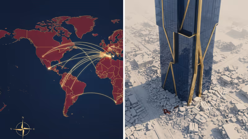 ガザ地区の未来的な都市構想と破壊された家屋の対比