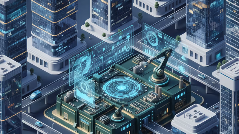 Cinematic view of robotic arms in a modern European factory with AI data overlays.