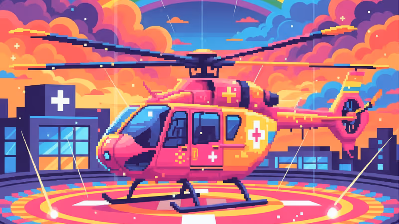 병원 옥상 헬기 착륙장에 대기 중인 응급 구조 헬기