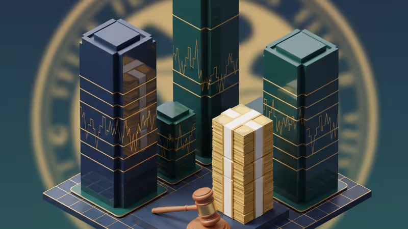 A gavel and dollar bills representing legal pressure on the Fed