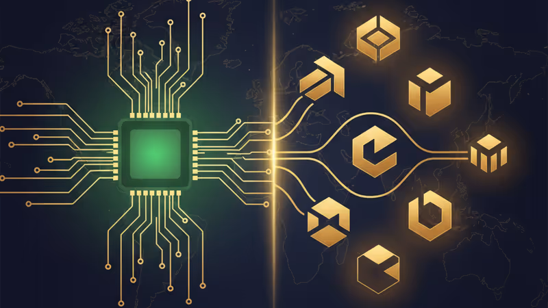 象徵科技七雄與儲存晶片的股市走勢模擬圖