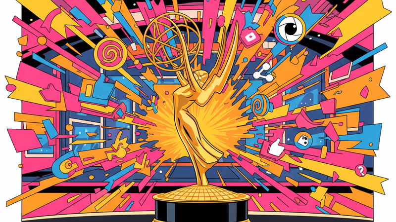 エミー賞のトロフィーとホワイトハウスの模型が並ぶスタジオ風景