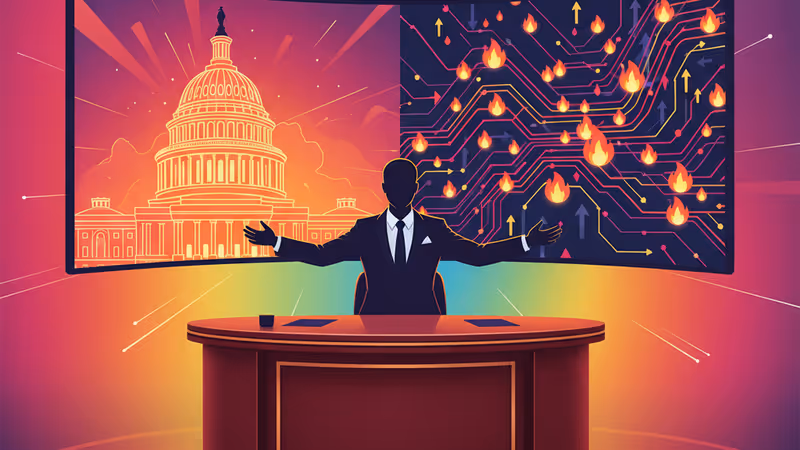 トーク番組のセットと背景に映るアメリカ大統領の紋章