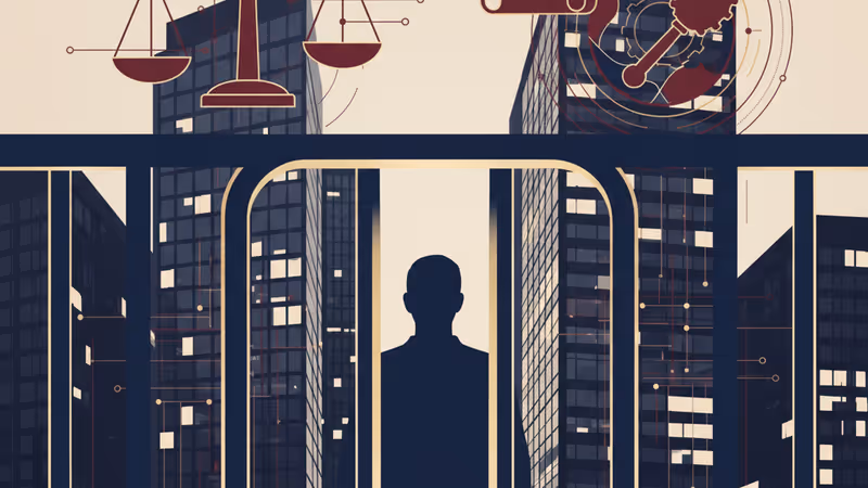 홍콩 법정의 의사봉과 창밖으로 보이는 홍콩 도심 전경