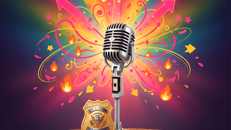 ジョン・マルルーニー氏を象徴するマイクと警察バッジのイメージ